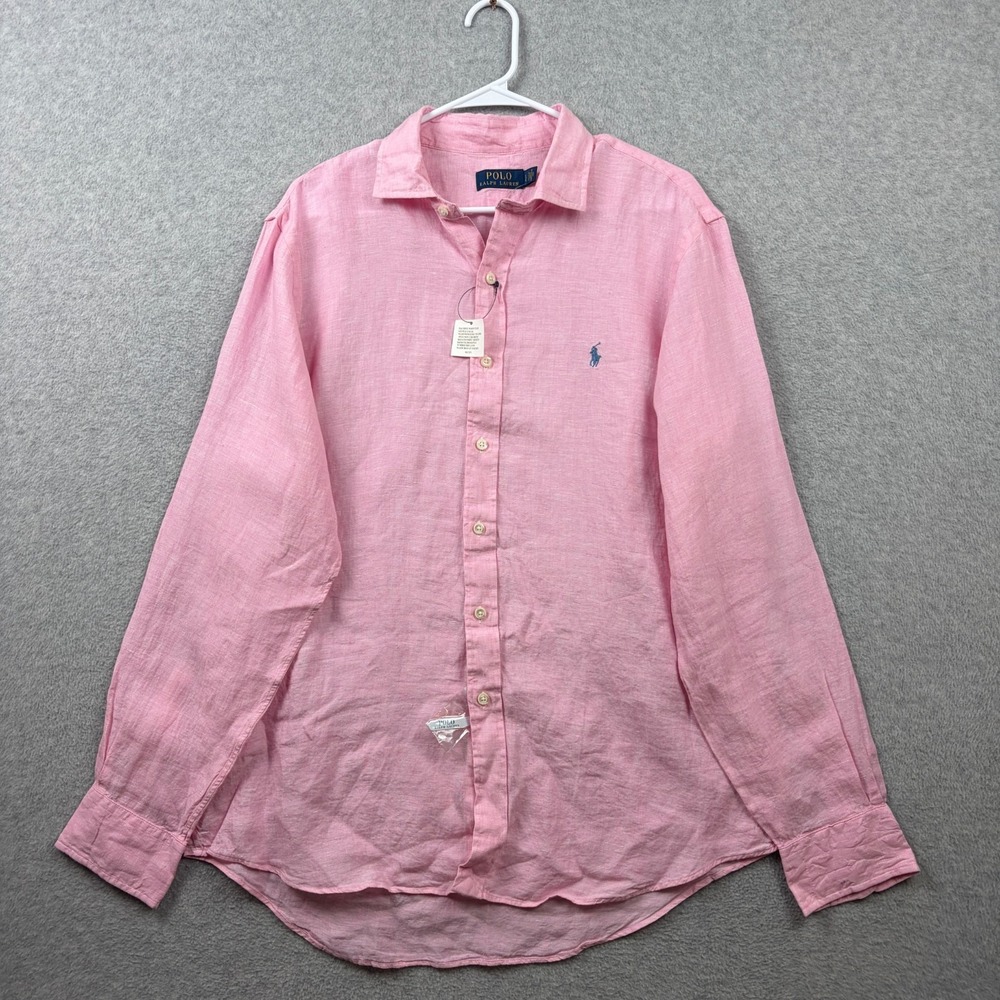 Polo Ralph Lauren Shirt Mens Large Pink 100% Linen Long Sleeve Button Up NWOT